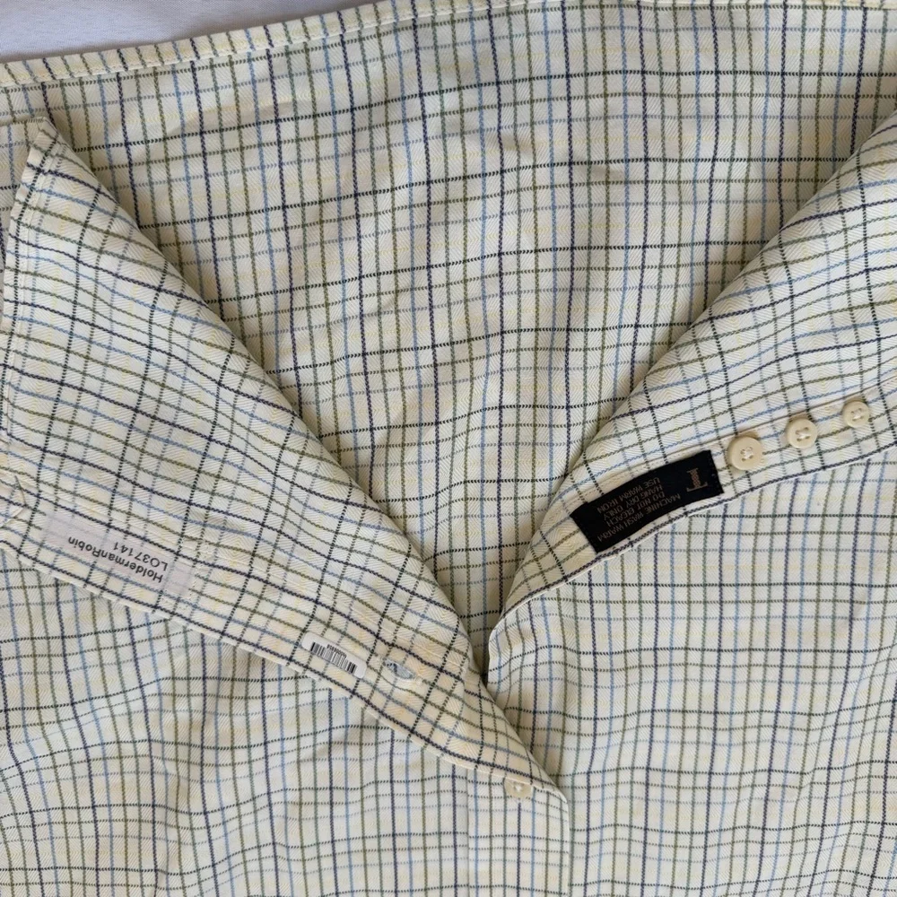Robert Talbott XL Cream Green Blue Check Button Down Shirt Cotton Top
